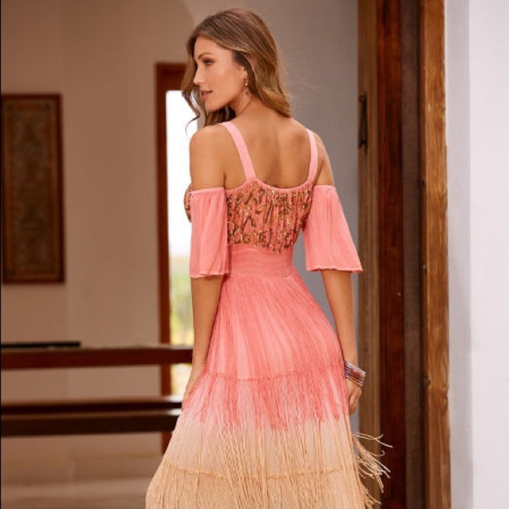 Sequin Fringe Cold Shoulder Dress